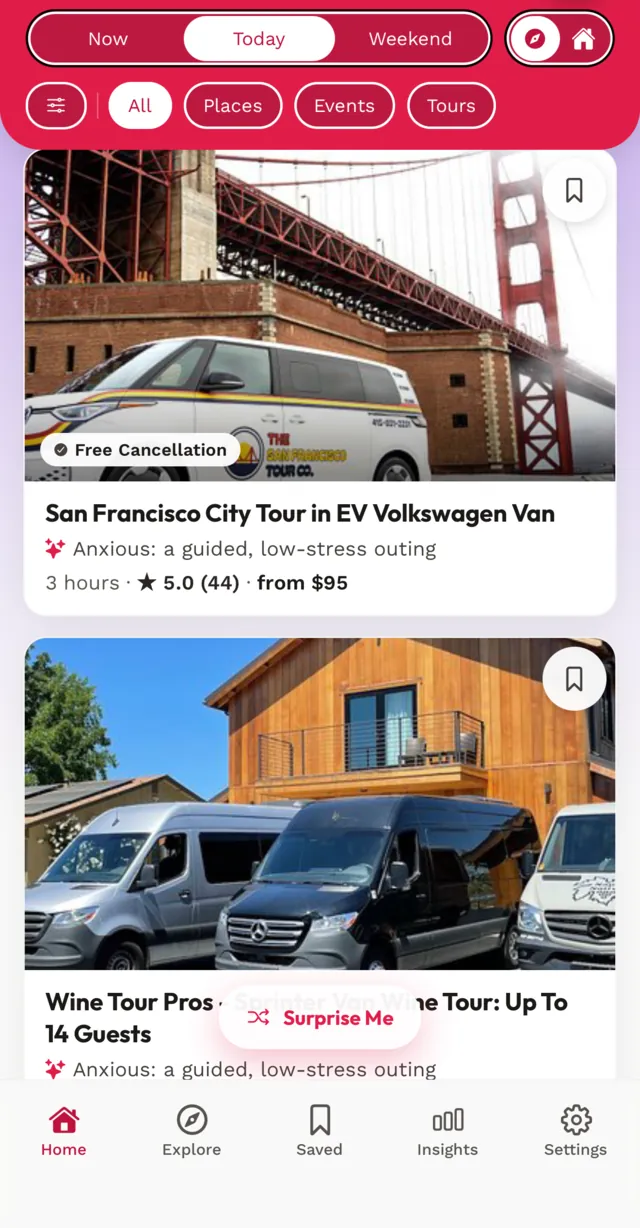 Prismay home screen: Now, Today and Weekend tabs above cards for local tours, each with a short note on why it suits an anxious mood.
