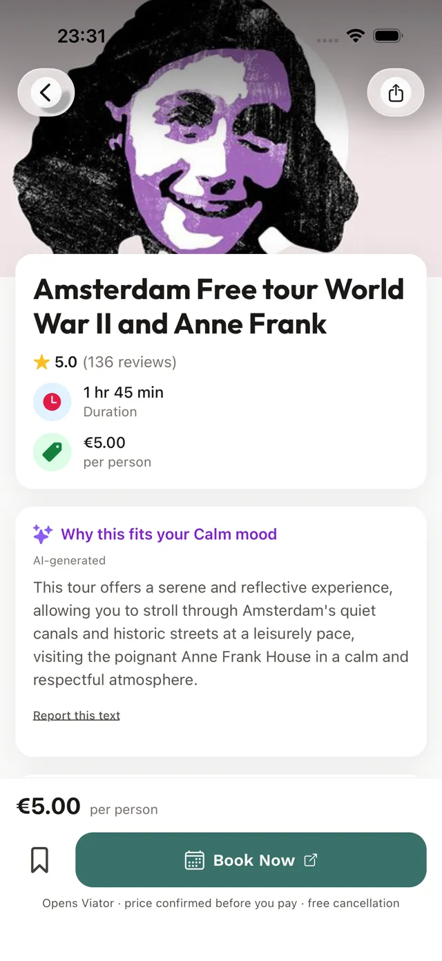 A suggestion’s detail screen with the reason it fits your mood and a Book Now button.