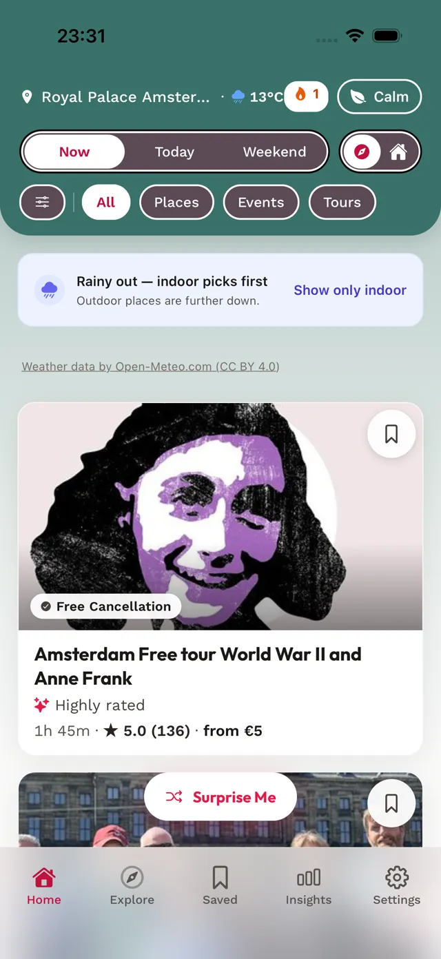 Home screen of the Prismay app with a mood picked, showing places and events matched to that mood.