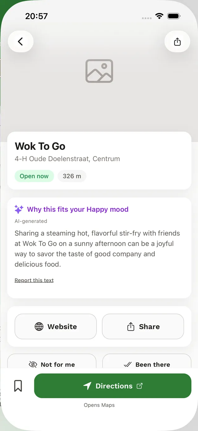 A suggestion's detail screen for a happy mood, with the reason it fits and a way to go.